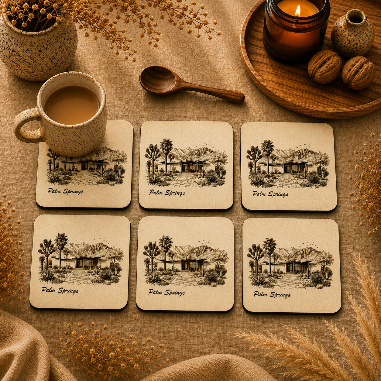 Vintage Palm Springs Landscape Wooden Coasters Set of 6
