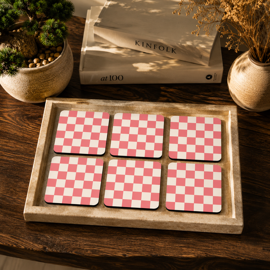 Pink Checker Coasters Pack of 6