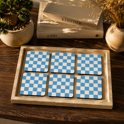 Blue Checker Coasters Pack of 6