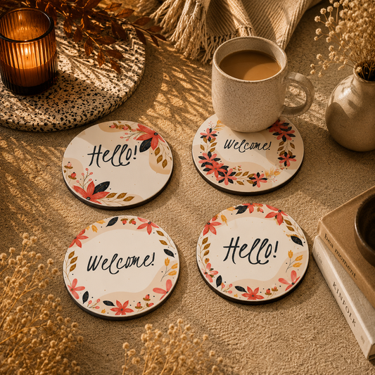Rustic Floral Welcome Wooden Coasters Set of 4