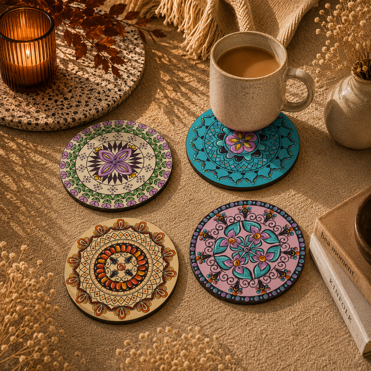 Sacred Geometry Round Wooden Coasters Set of 4