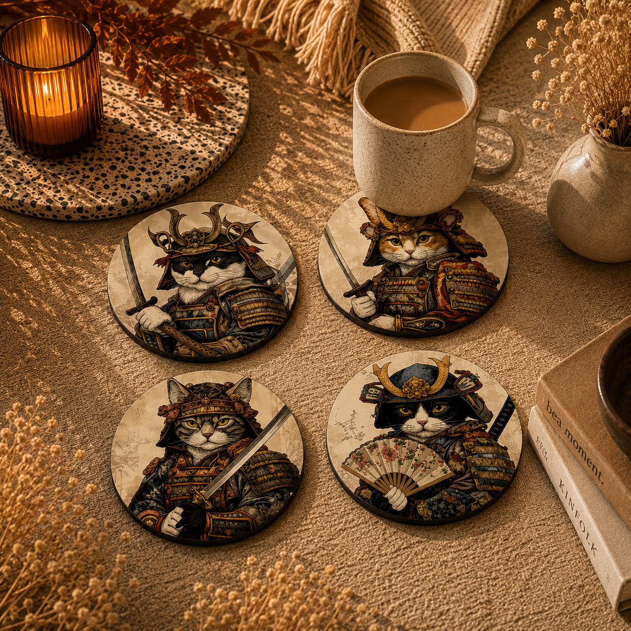 Japanese Samurai Wooden Coasters Set of 4