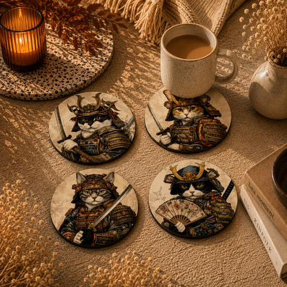 Japanese Samurai Wooden Coasters Set of 4