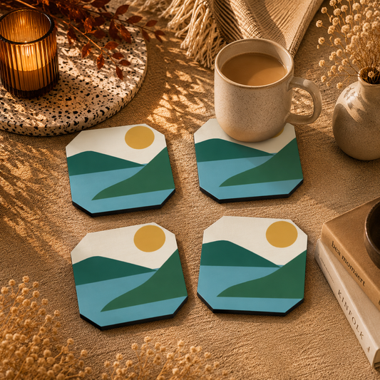 Minimal Lake Landscape Wooden Coasters Set of 4