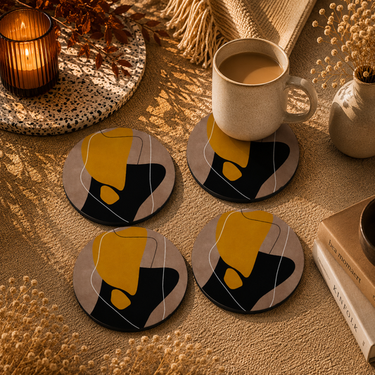 Modern Abstract Round Wooden Coasters Set of 4
