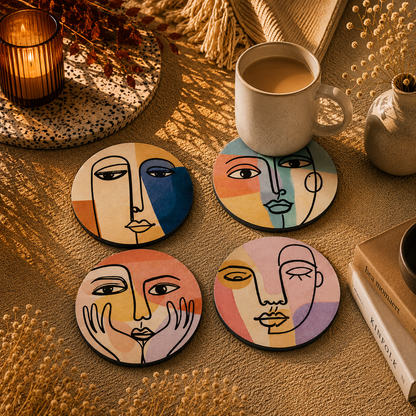 Abstract Line Face Wooden Coasters Set of 4