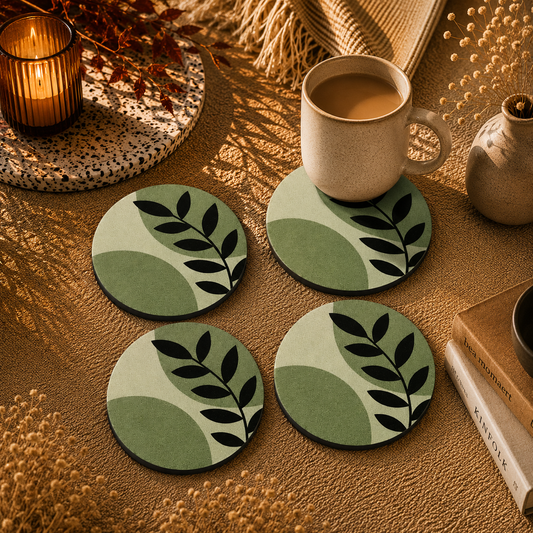 Sage Botanical Round Wooden Coasters Set of 4