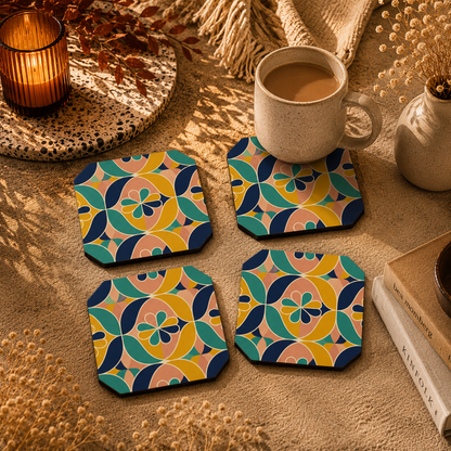 Retro Floral Geometric Wooden Coasters Set of 4