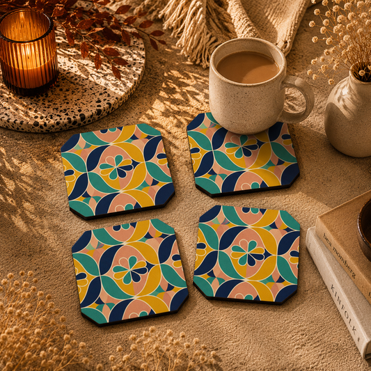 Retro Floral Geometric Wooden Coasters Set of 4