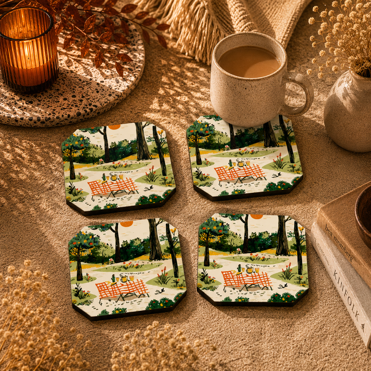 Countryside Picnic Wooden Coasters Set of 4