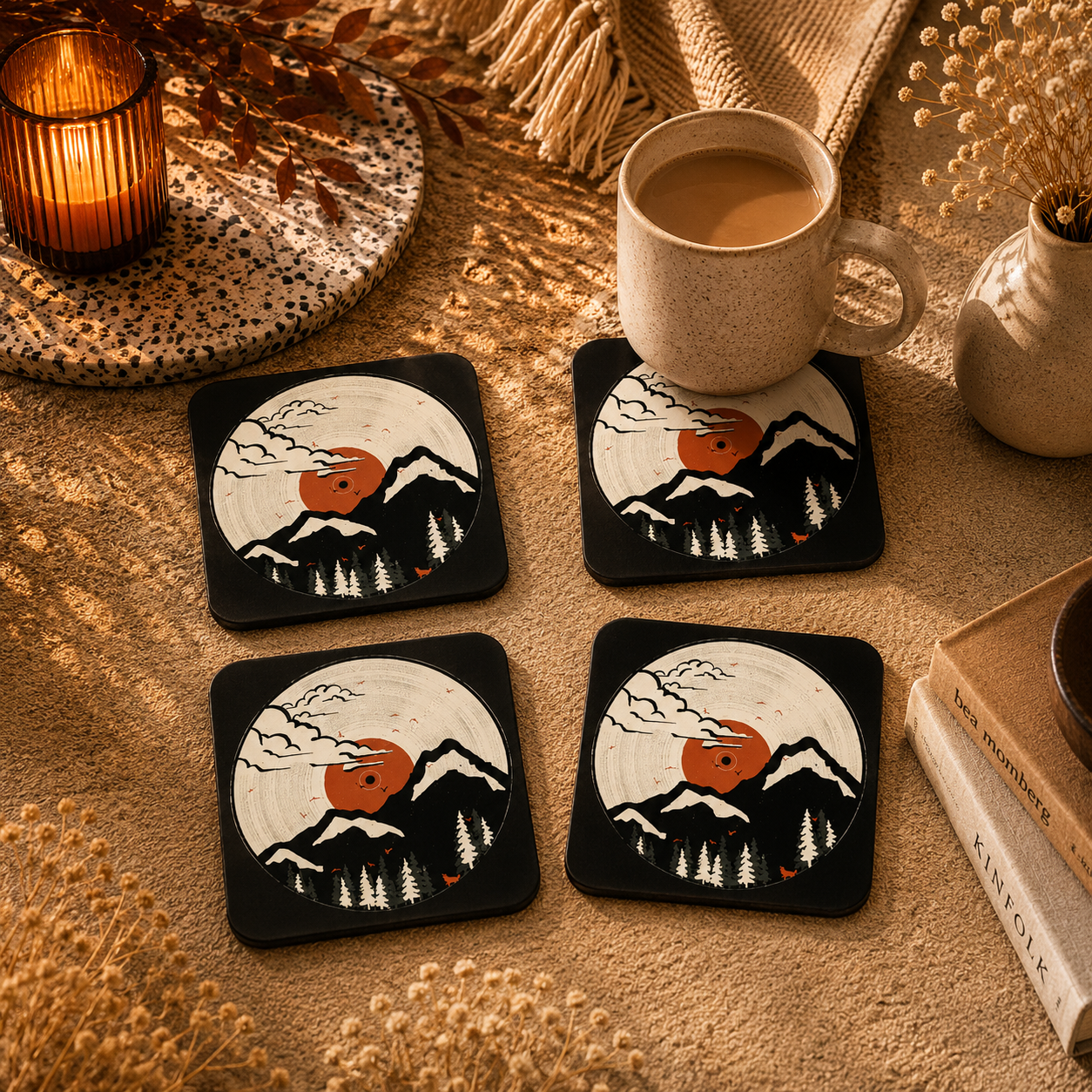 Vintage Mountain Sunset Wooden Coasters Set of 4