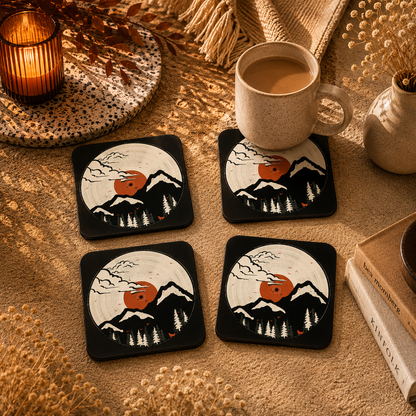 Vintage Mountain Sunset Wooden Coasters Set of 4
