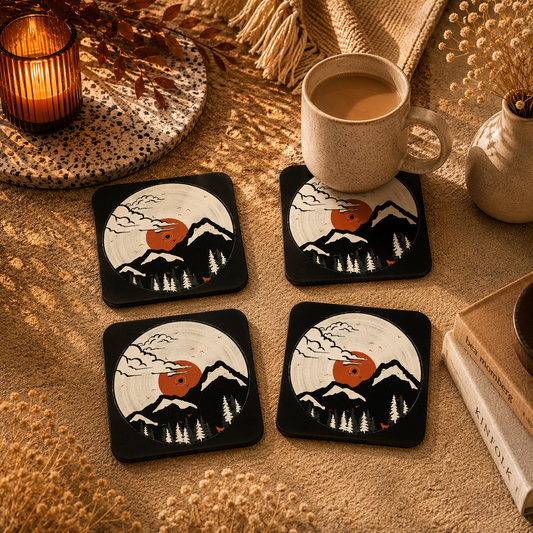 Vintage Mountain Sunset Wooden Coasters Set of 4