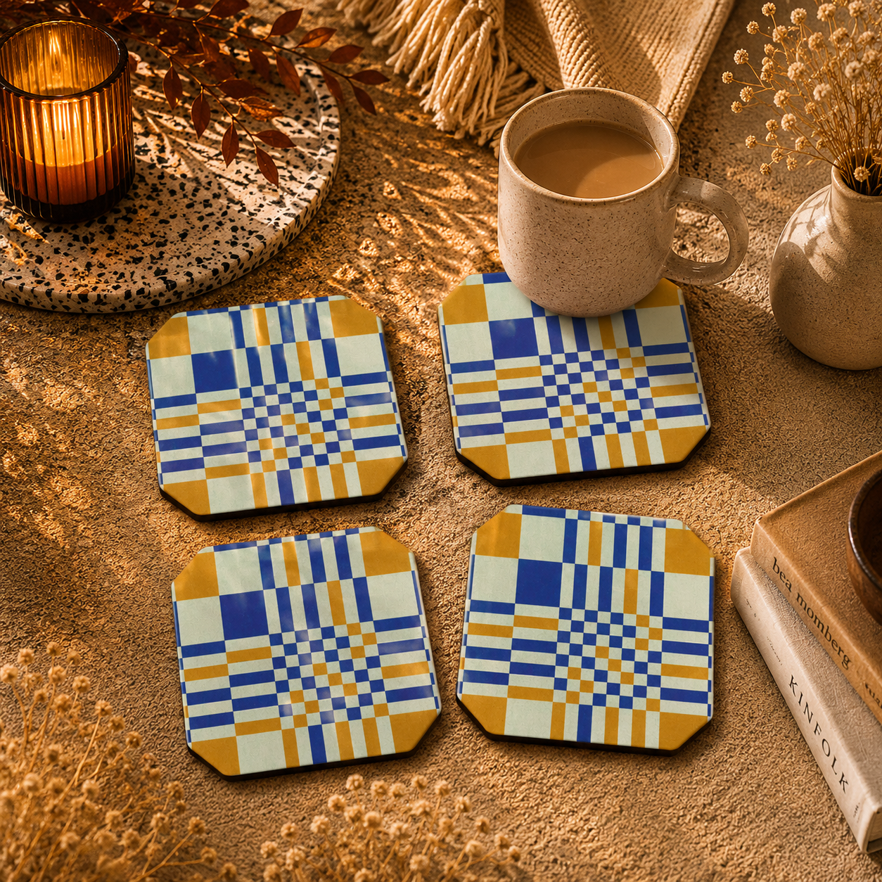 Geometric Checkered Wooden Coasters Set of 4