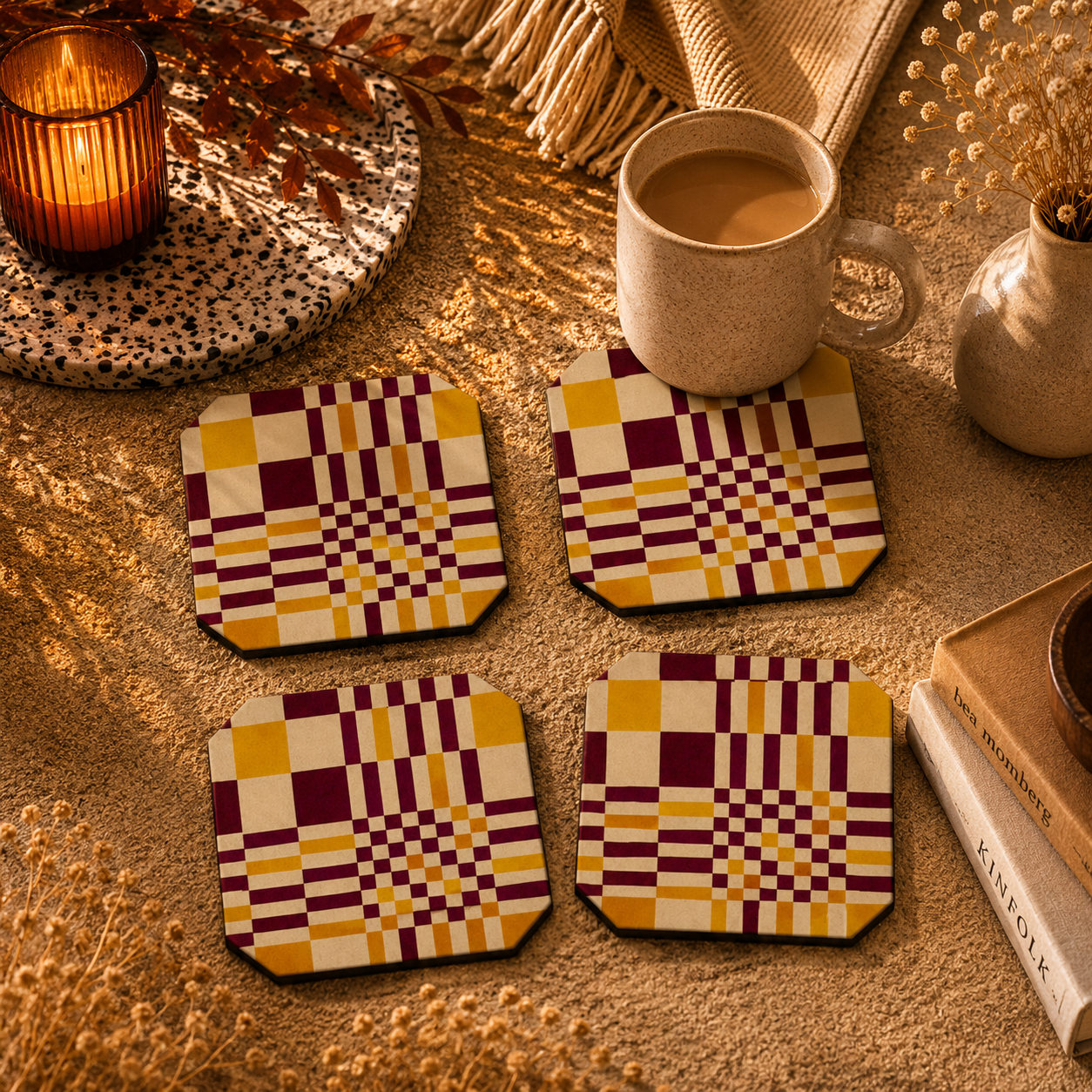 Retro Checkered Wooden Coasters Set of 4