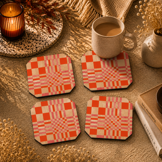 Retro Checkered Wooden Coasters Set of 4