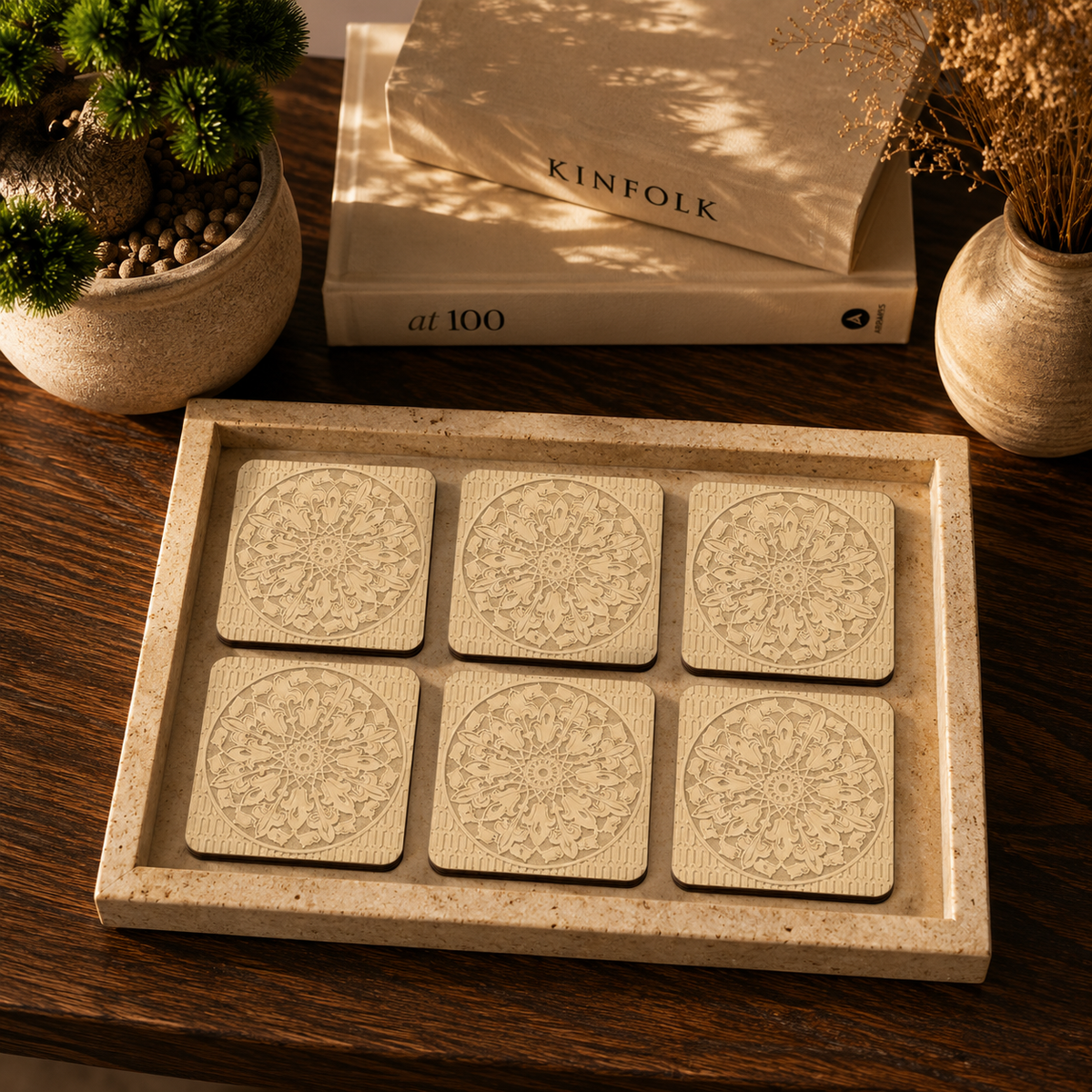 Ornate Floral Medallion Wooden Coasters Set of 6