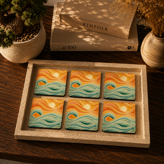 Coastal Wave Landscape Wooden Coasters Set of 6