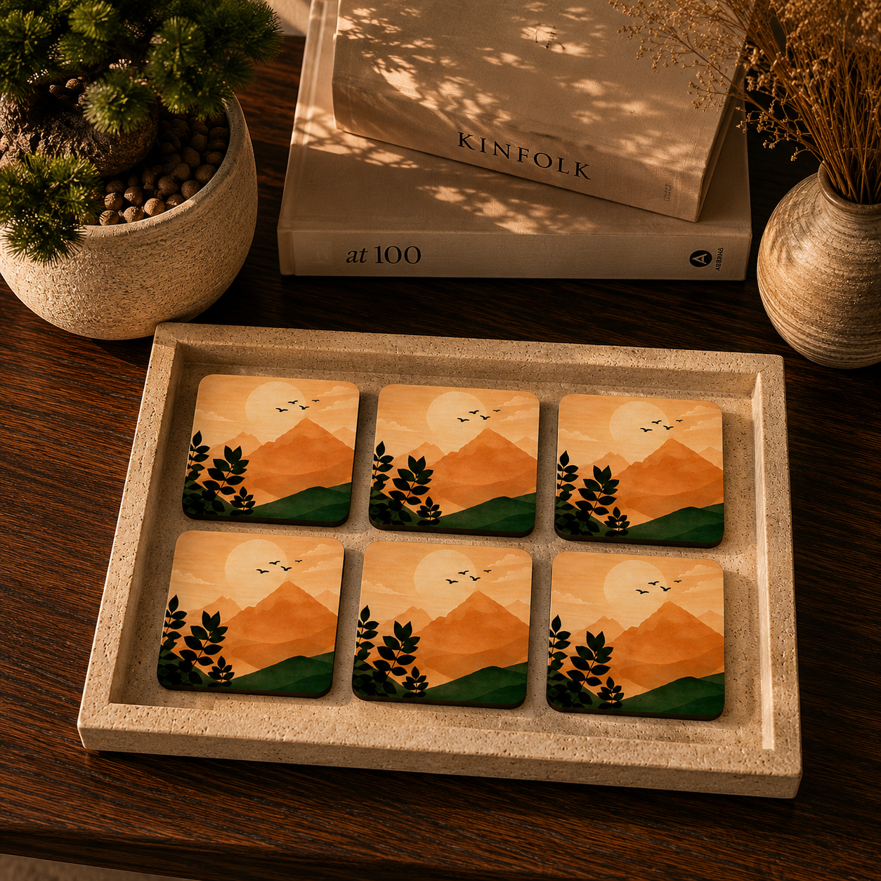 Minimal Mountain Landscape Wooden Coasters Set of 6