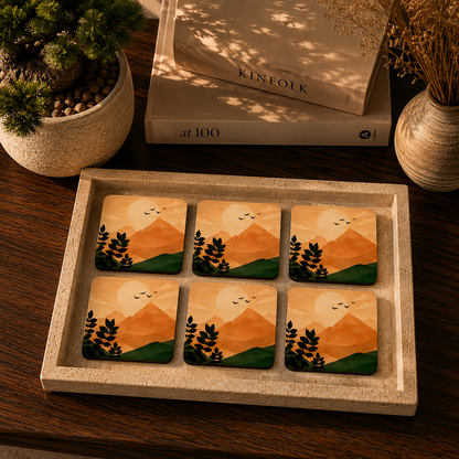 Minimal Mountain Landscape Wooden Coasters Set of 6