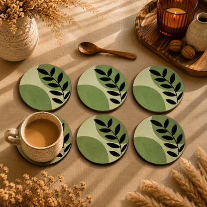 Minimal Botanical Leaf Wooden Coasters Set of 6
