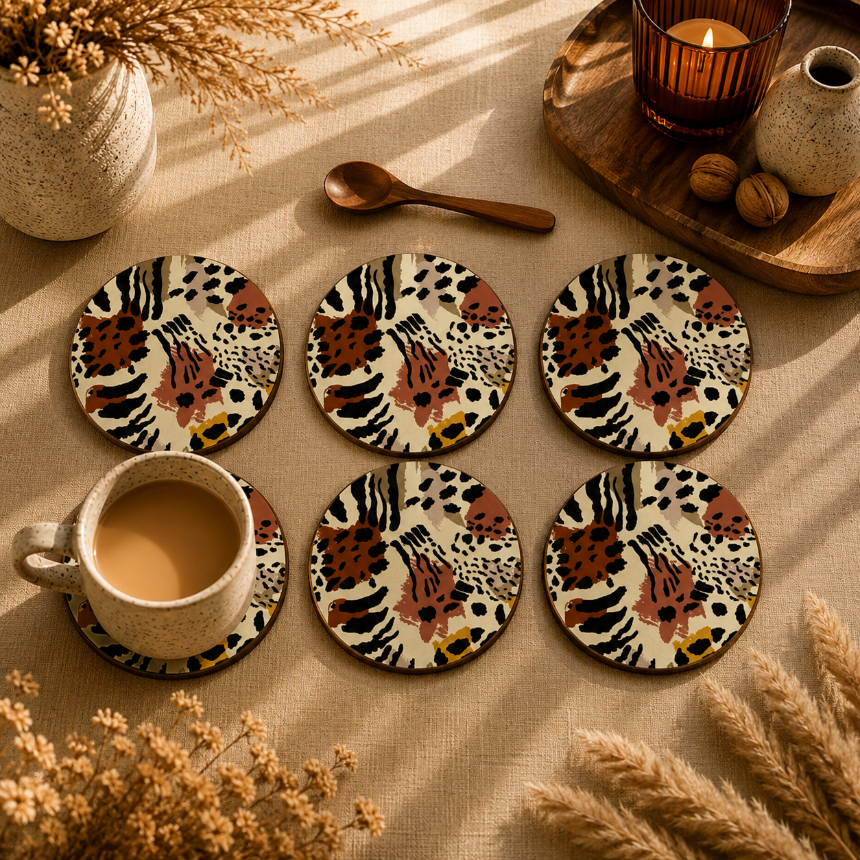 Abstract Wildlife Pattern Wooden Coasters Set of 6