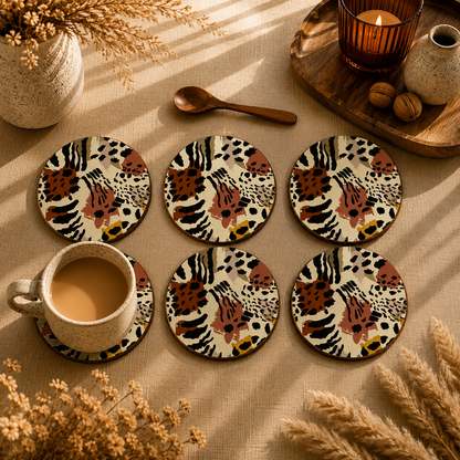 Abstract Wildlife Pattern Wooden Coasters Set of 6