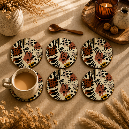 Abstract Wildlife Pattern Wooden Coasters Set of 6