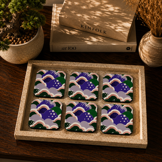 Celestial Cloud Pattern Wooden Coasters Set of 6