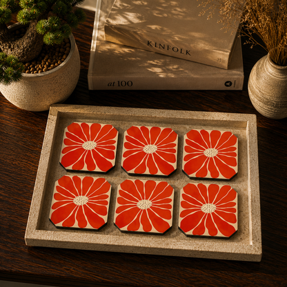 Retro Floral Bloom Wooden Coasters Set of 6