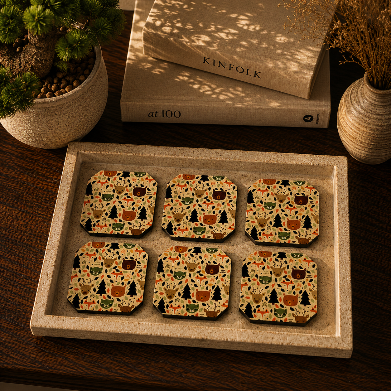 Woodland Animal Pattern Wooden Coasters Set of 6