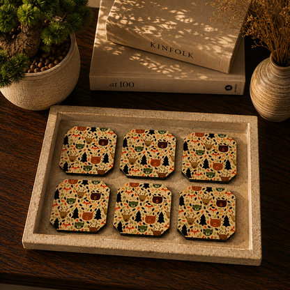 Woodland Animal Pattern Wooden Coasters Set of 6