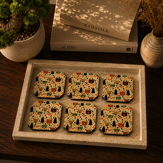 Woodland Animal Pattern Wooden Coasters Set of 6