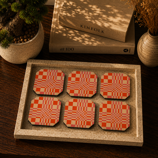 Retro Plaid Pattern Wooden Coasters Set of 6