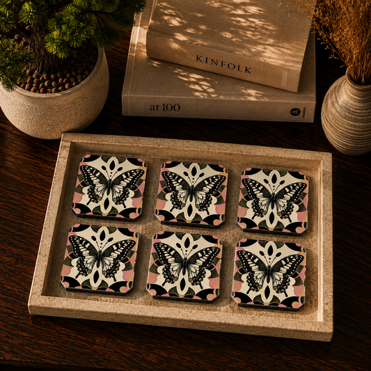 Vintage Butterfly Botanical Wooden Coasters Set of 6
