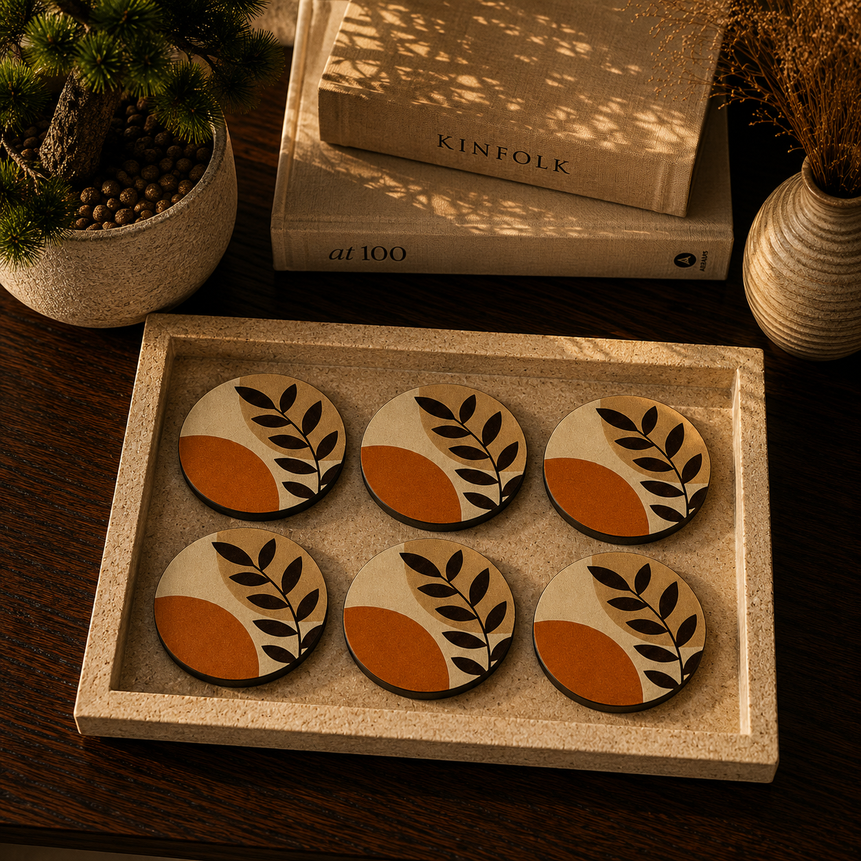 Minimal Botanical Leaf Wooden Coasters Set of 6