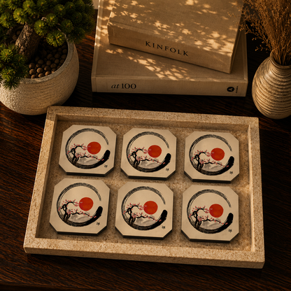 Zen Cherry Blossom Wooden Coasters Set of 6