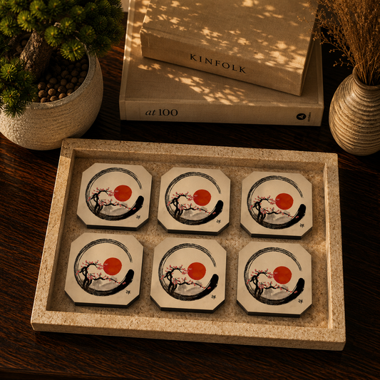 Zen Cherry Blossom Wooden Coasters Set of 6