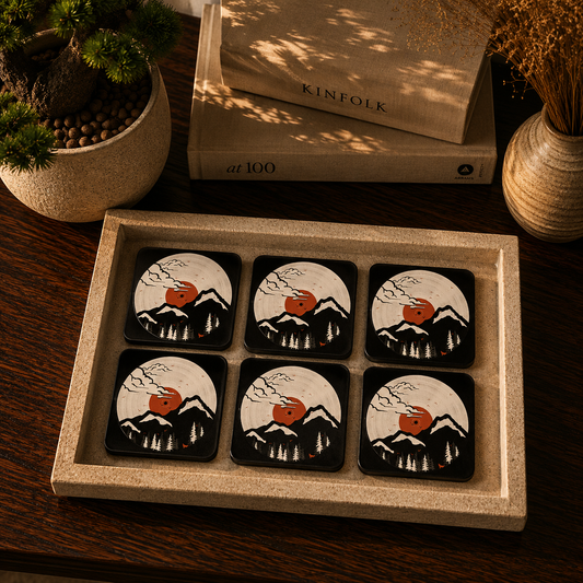 Vintage Mountain Sunset Wooden Coasters Set of 6