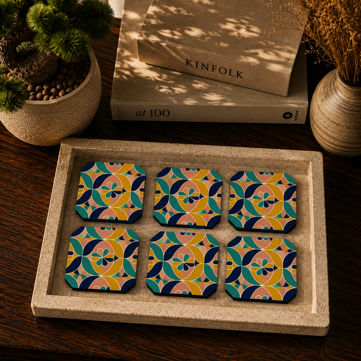 Retro Geometric Floral Wooden Coasters Set of 6
