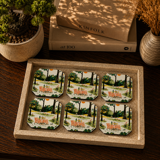 Vintage Picnic Landscape Wooden Coasters Set of 6