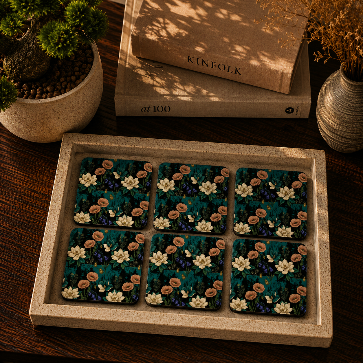 Midnight Botanical Bloom Wooden Coasters Set of 6