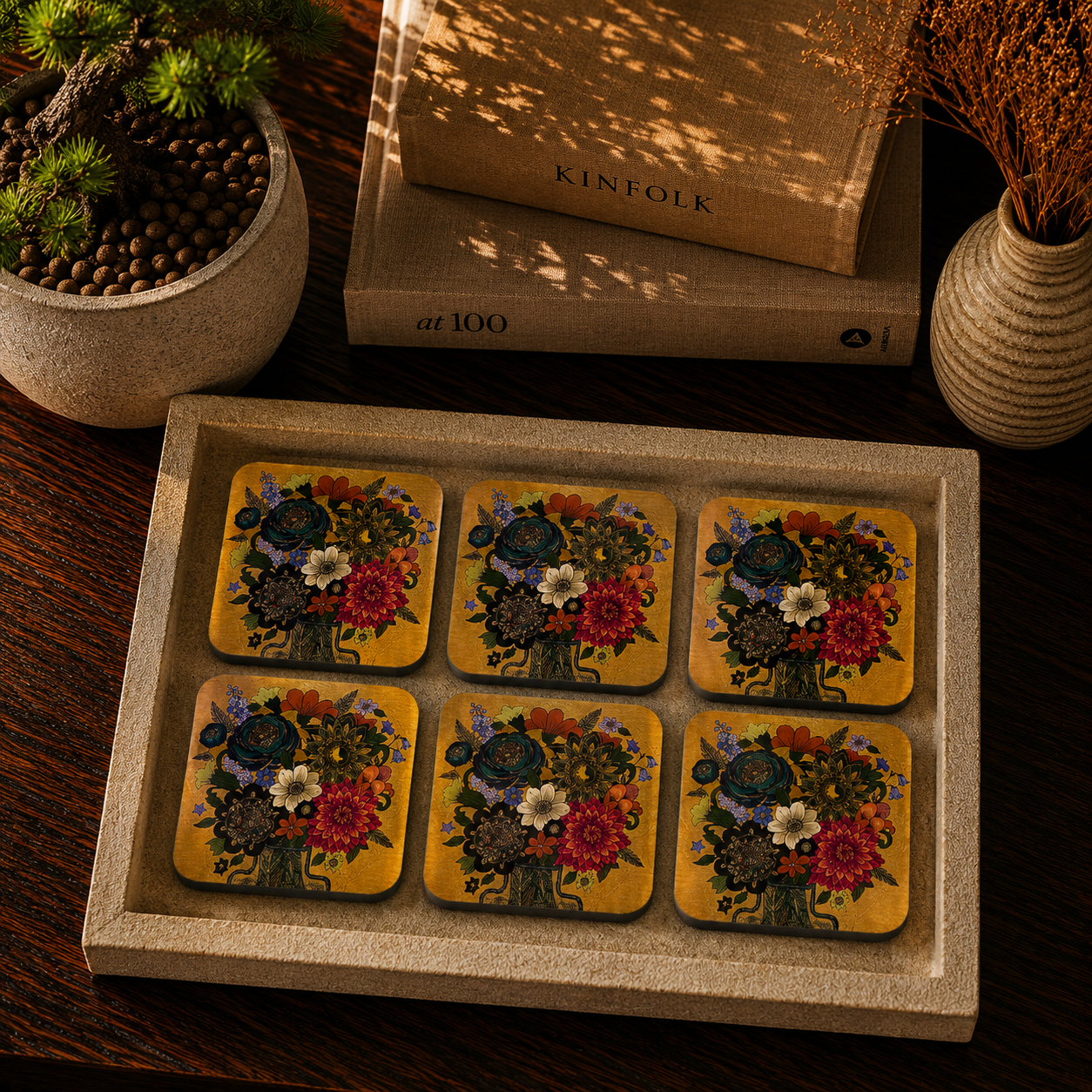 Midnight Botanical Bloom Wooden Coasters Set of 6