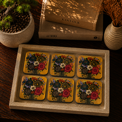 Midnight Botanical Bloom Wooden Coasters Set of 6