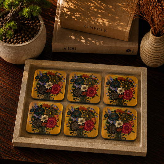Midnight Botanical Bloom Wooden Coasters Set of 6