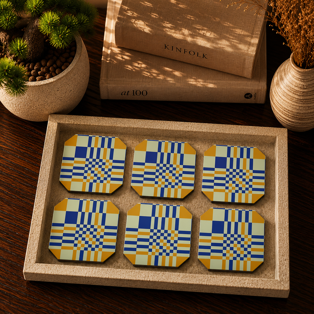 Retro Plaid Pattern Wooden Coasters Set of 6