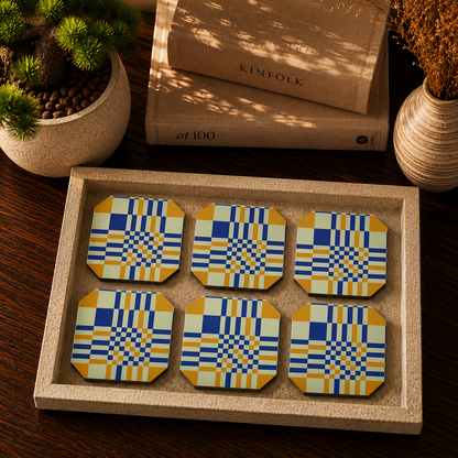 Retro Plaid Pattern Wooden Coasters Set of 6