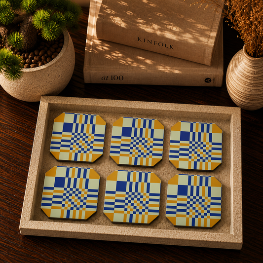 Retro Plaid Pattern Wooden Coasters Set of 6