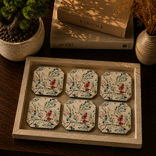 Vintage Wildflower Botanical Wooden Coasters Set of 6