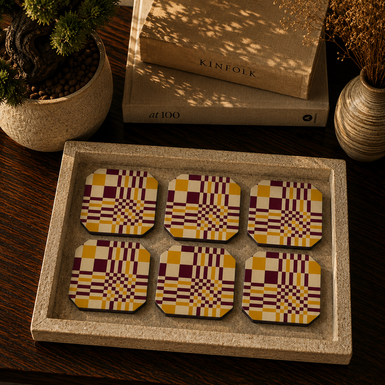 Retro Plaid Pattern Wooden Coasters Set of 6